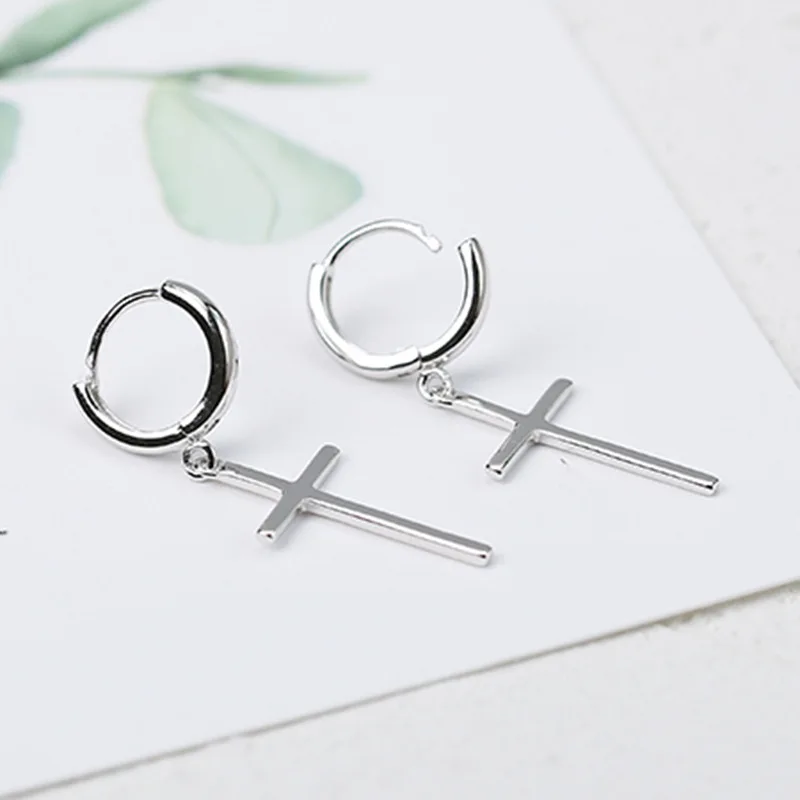 Модного серебристого цвета крест висячие серьги модные маленькие кольца для