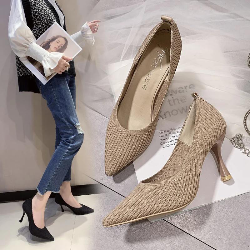 

Fashion Black High Heels 2019 New Shallow Mouth Women's Shoes Professional Work Shoes Pointed Toe Stiletto Knitted Single Shoes