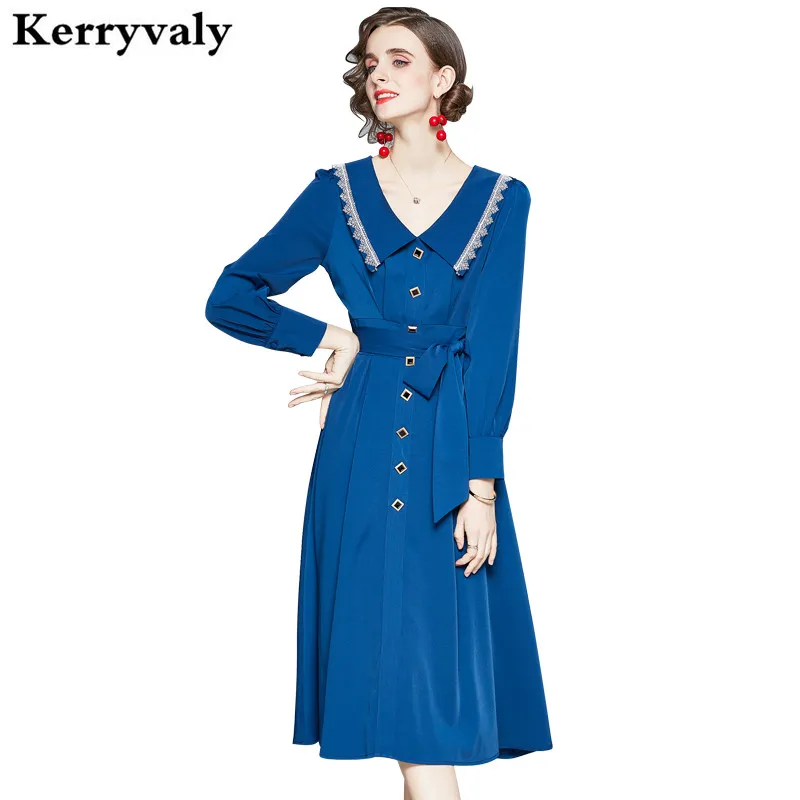 

French Retro Blue Midi Long Sleeve Dress Women Spring Shirt Dress Vestido Elegante Roupas Femininas Dames Jurken K3967