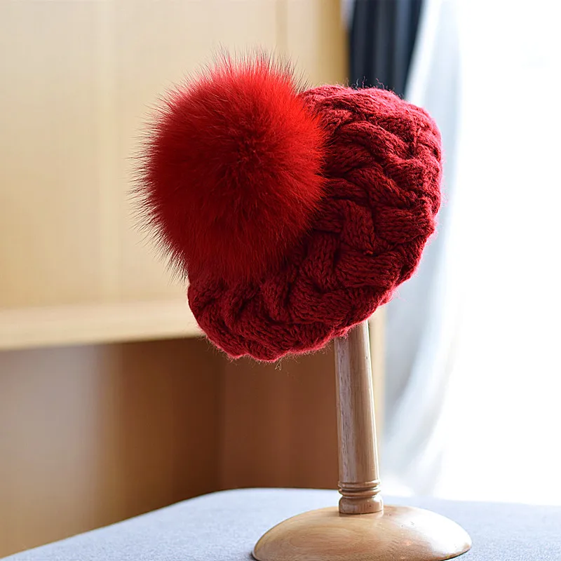 Real Fox Fur Ball Twist beanies warm cute woolen beret girl women autumn and winter soild color big hair ball knitted hat | Аксессуары