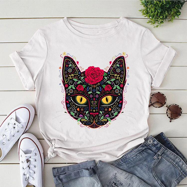 

Flower Black Cat Printed Graphic T Shirts Funny Woman Tshirts Streetwear Short Sleeve T-shirts Aesthetic Summer Mujer Camisetas