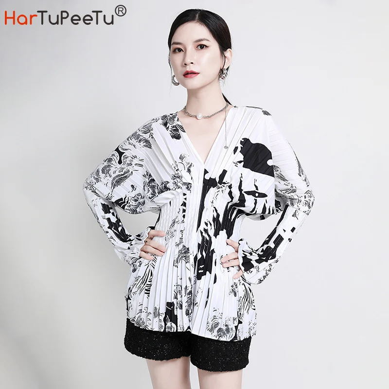 

Стильная плиссированная блузка для женщин оверсайз Slim Fit 2020 Осень корейский стиль расклешенная рубашка с длинным рукавом туника с принтом т...