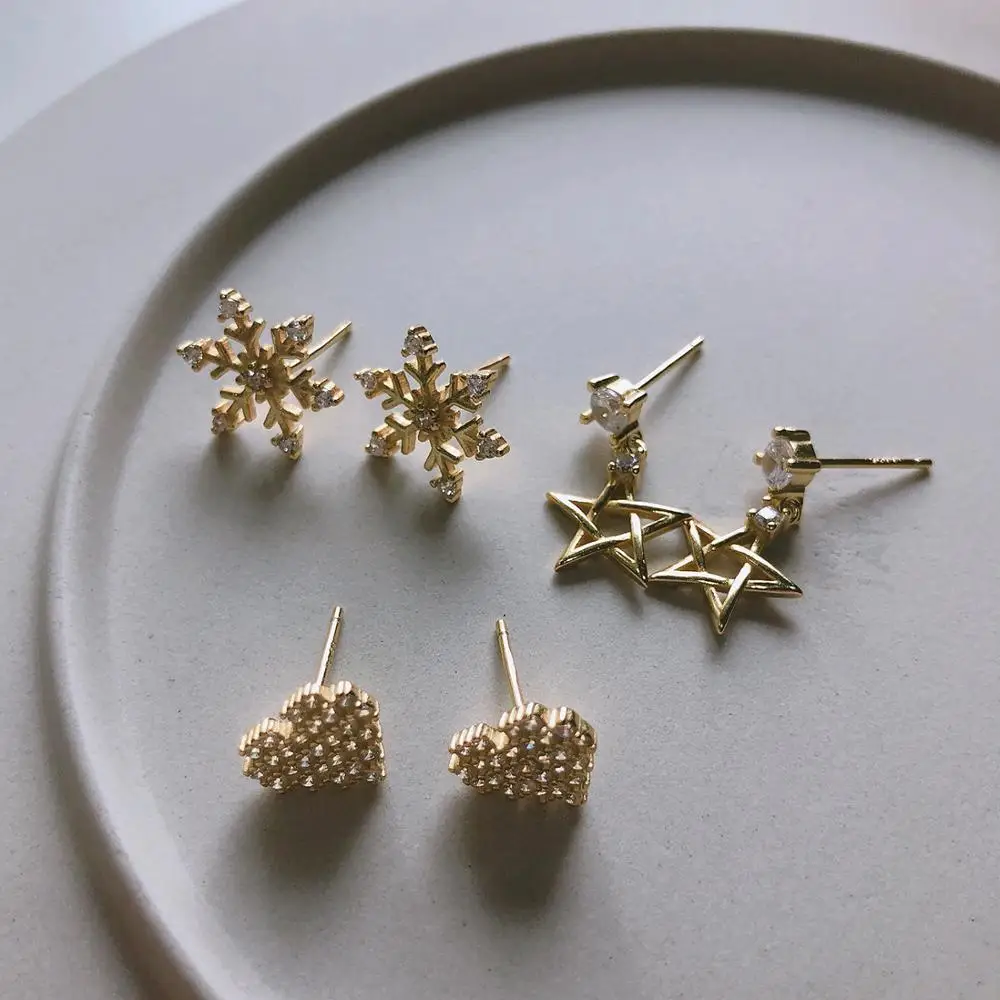 

925 Sterling Silver Hollow Crystal Zircon Star Heart Snowflake Stud Earrings For Women Fashion Earrings Jewelry brincos