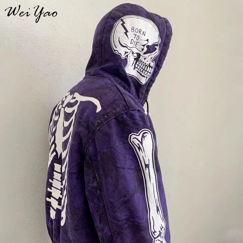 

WeiYao Zip-up Y2K Harajuku Gothic Hoodies Korean Style Loose Skull Print Goth Grunge Long-sleeved Hooded Coat Solid Color Retro