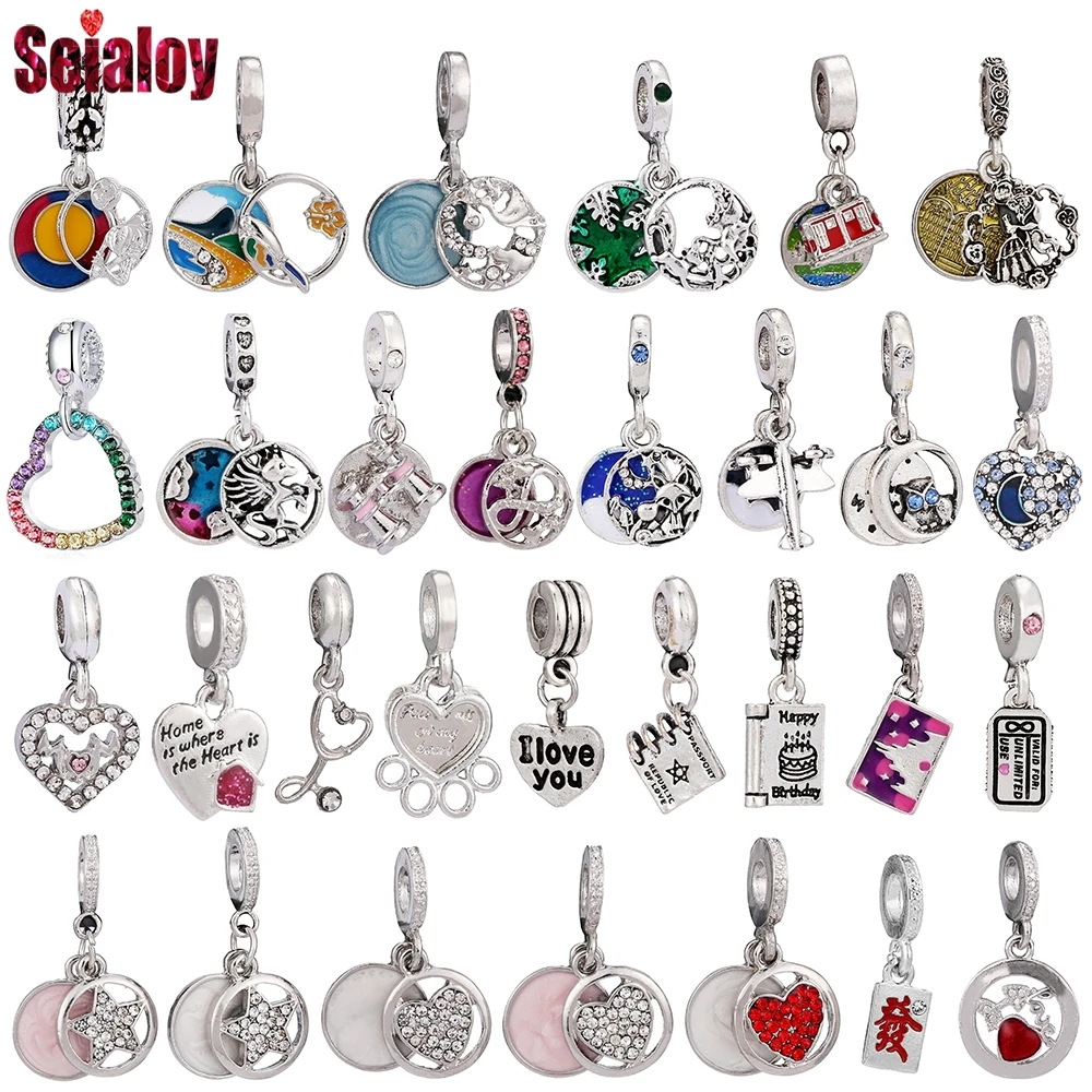 

Seialoy 1pcs Silver Color Round Dangle Animal Charm Fit Bracelets Color Flying Unicorn Pendant Starry Sky Heart Bead Accessory