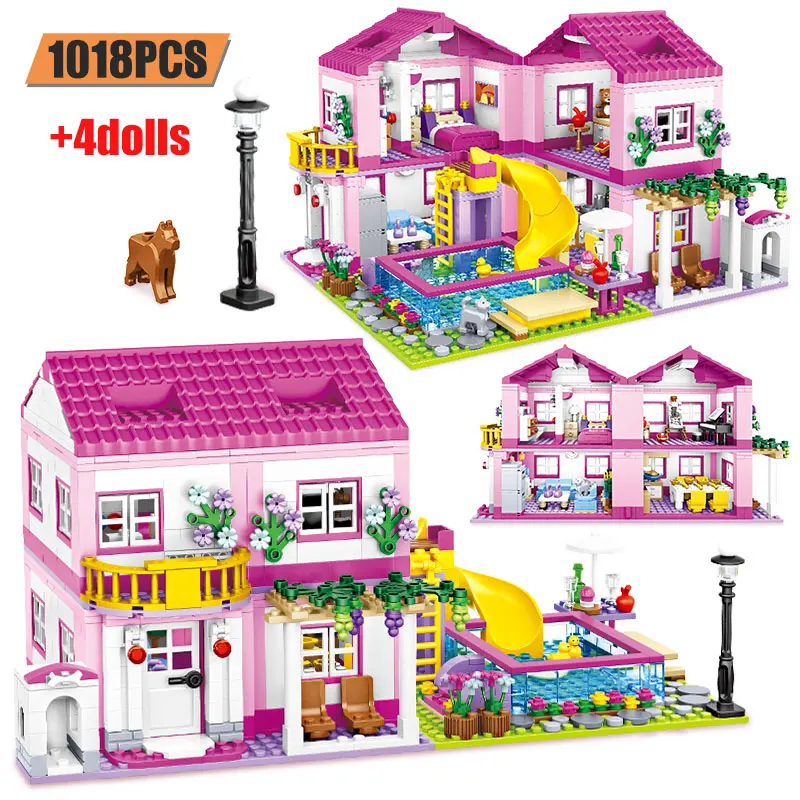 

1 Change 3 Friends Entertainment Summer Double-storey House Building Blocks City Pool Party Slide Figures Bricks Toys for Girls