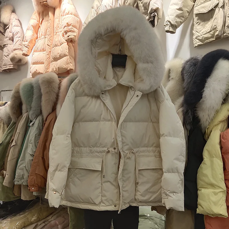 Женский пуховик Janveny теплый зимний с капюшоном из натурального Лисьего меха 90%