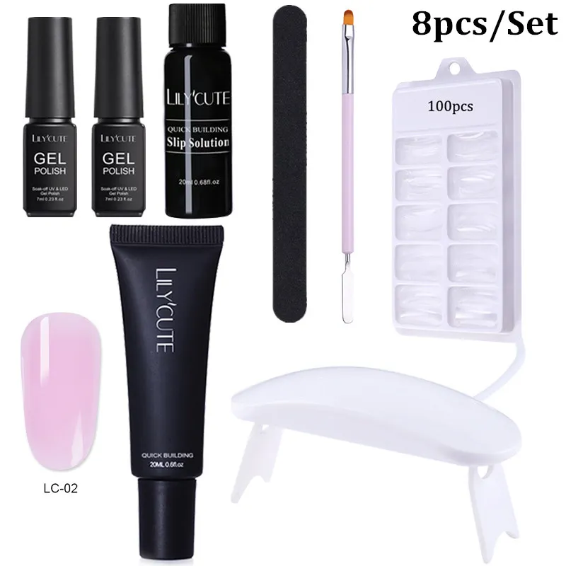 8pcs LC-02 LILYCUTE 20 мл Быстрый гель продлевающий половой акт поли гель для ногтей розовый белый металл с прозрачными кристаллами светодиодный акриловый строительный УФ-гель набор ногтей лампа набор - Цвет: 8pcs LC-02
