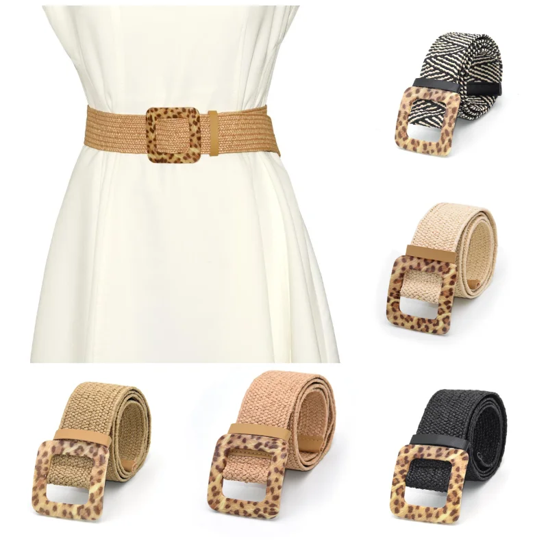 

Vintage Bohemian Wide Belt Summer Wooden Buckle Wild Braided Belt Female Leopard Buckle Linen Weave Women Fake Straw Waist Belt