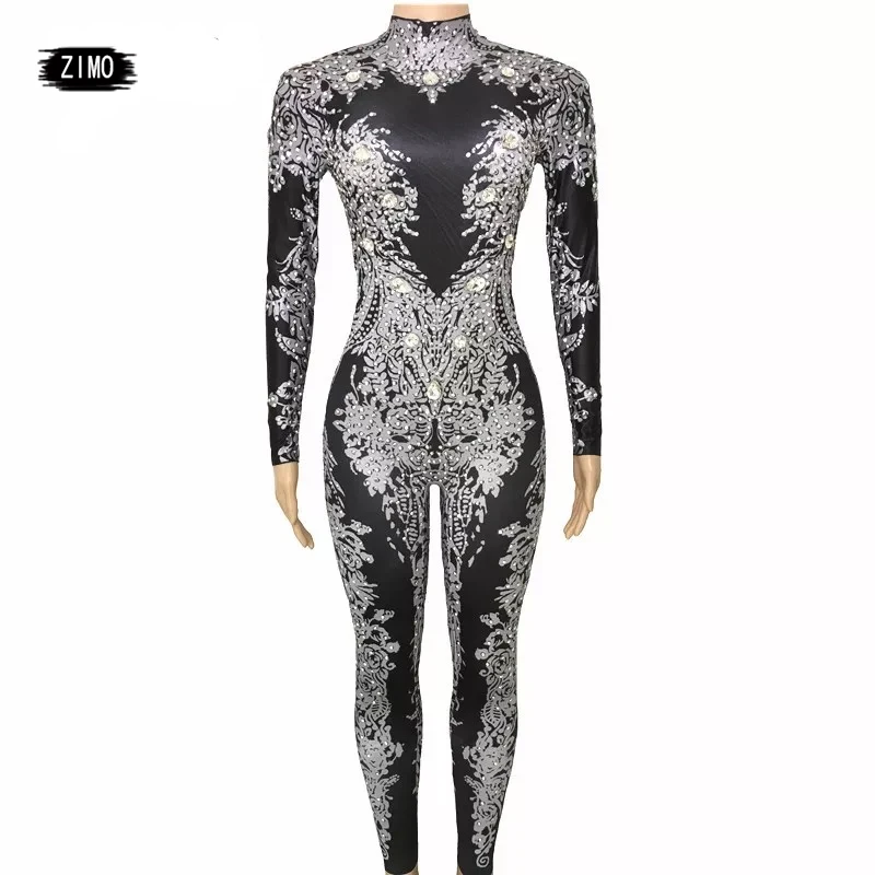 

fashion Silver Rhinestones black long sleeve Jumpsuit Women gold Glass crystal Bodysuit nightclub Performance Costume spandex