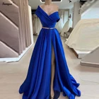 Сексуальные атласные длинные платья для выпускного вечера с Боковым Разрезом, королевское синее вечерние нее платье на одно плечо, с золотым поясом, 2021