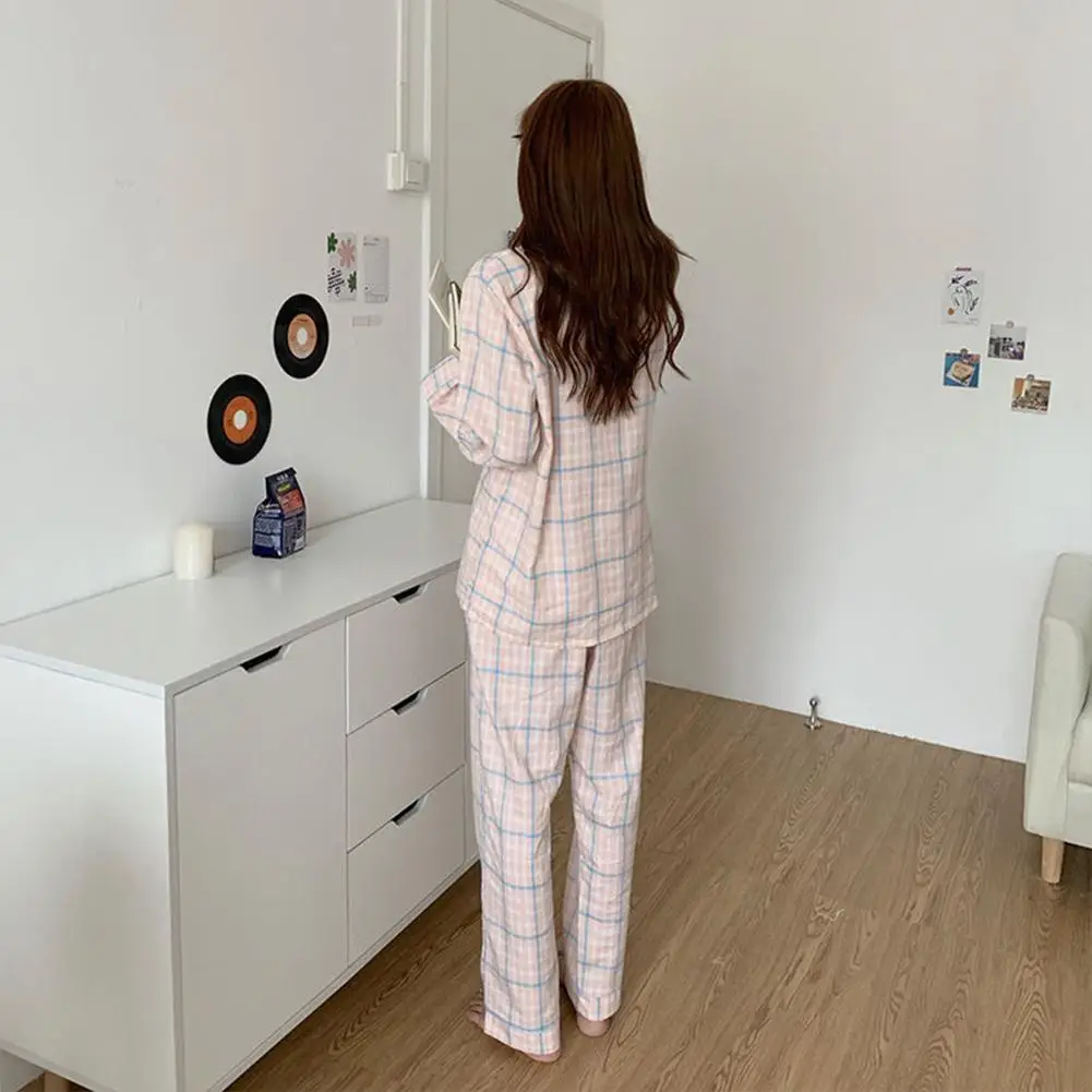 2 Pcs/set Women Pajamas Set  L-XXL Clothes Ladies Flannel Cotton Home Wear Suit Autumn Winter Pajamas Plaid Tops Pants