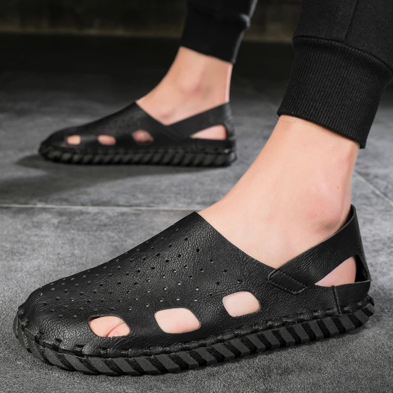 

Men's Work Sandals slip on Leather Male Slippers Men's Summer Shoes fashion Breathable Beach Outdoor soft soledlack sandals