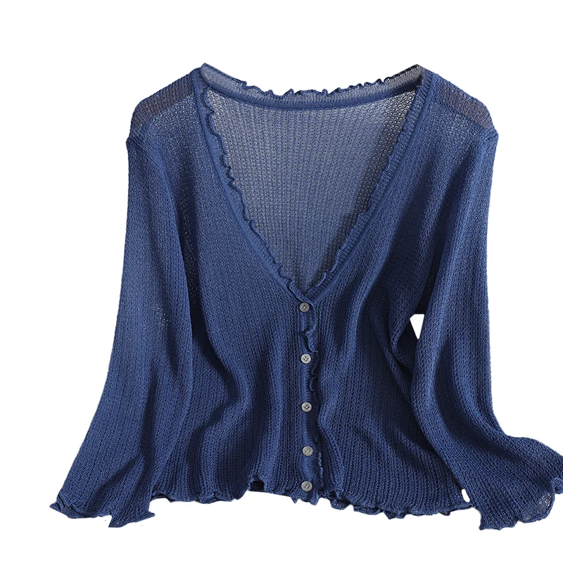 

Summer wild casual knitted small cardigan for womens top jacket Korean Ruffles V-neck blouse cardigans hollow knit sweater women