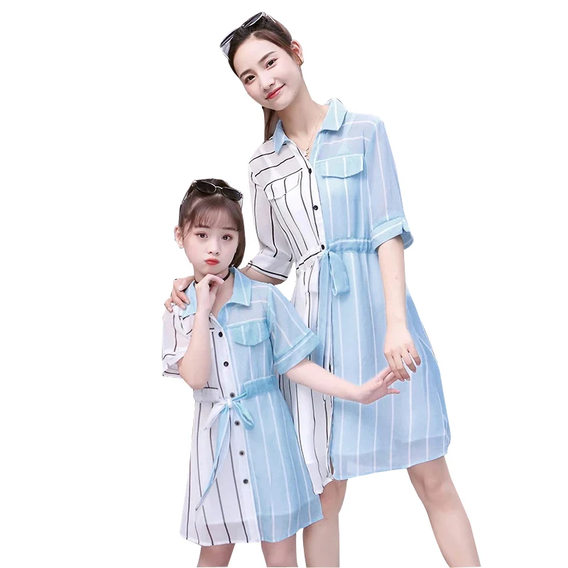 

Mother Daughter Dress Outfits Chiffon Stripes Long Summer Dresses Girl Mother And Me Dress Parent-Child Family Matching Outfits