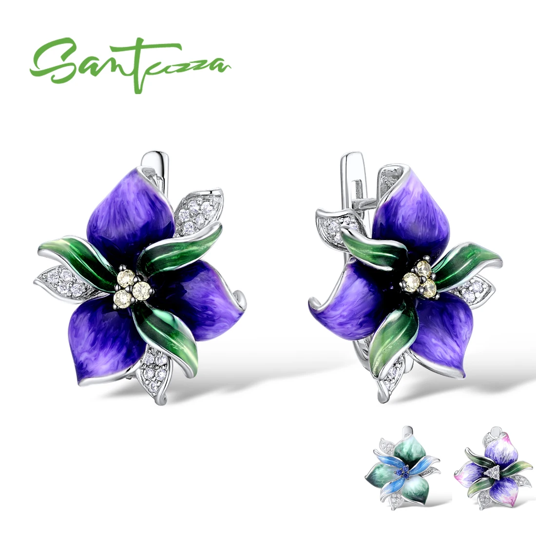 

SANTUZZA 925 Sterling Silver Earrings For Woman High Quality Delicate Colorful Handmade Enamel Flowers серьги Fashion Jewelry
