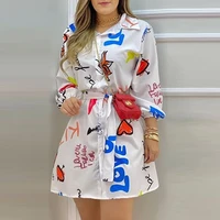 women casual all over print with letter mini dress waistband puff sleeves