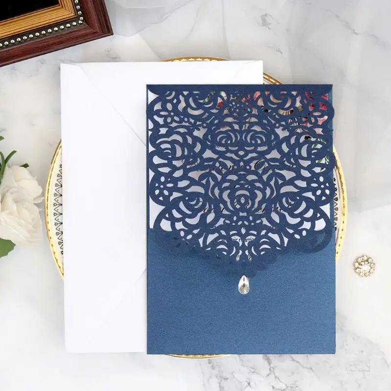

20pcs Laser Cut Rose Invitations Card with Rhinestone Kits Wedding Party