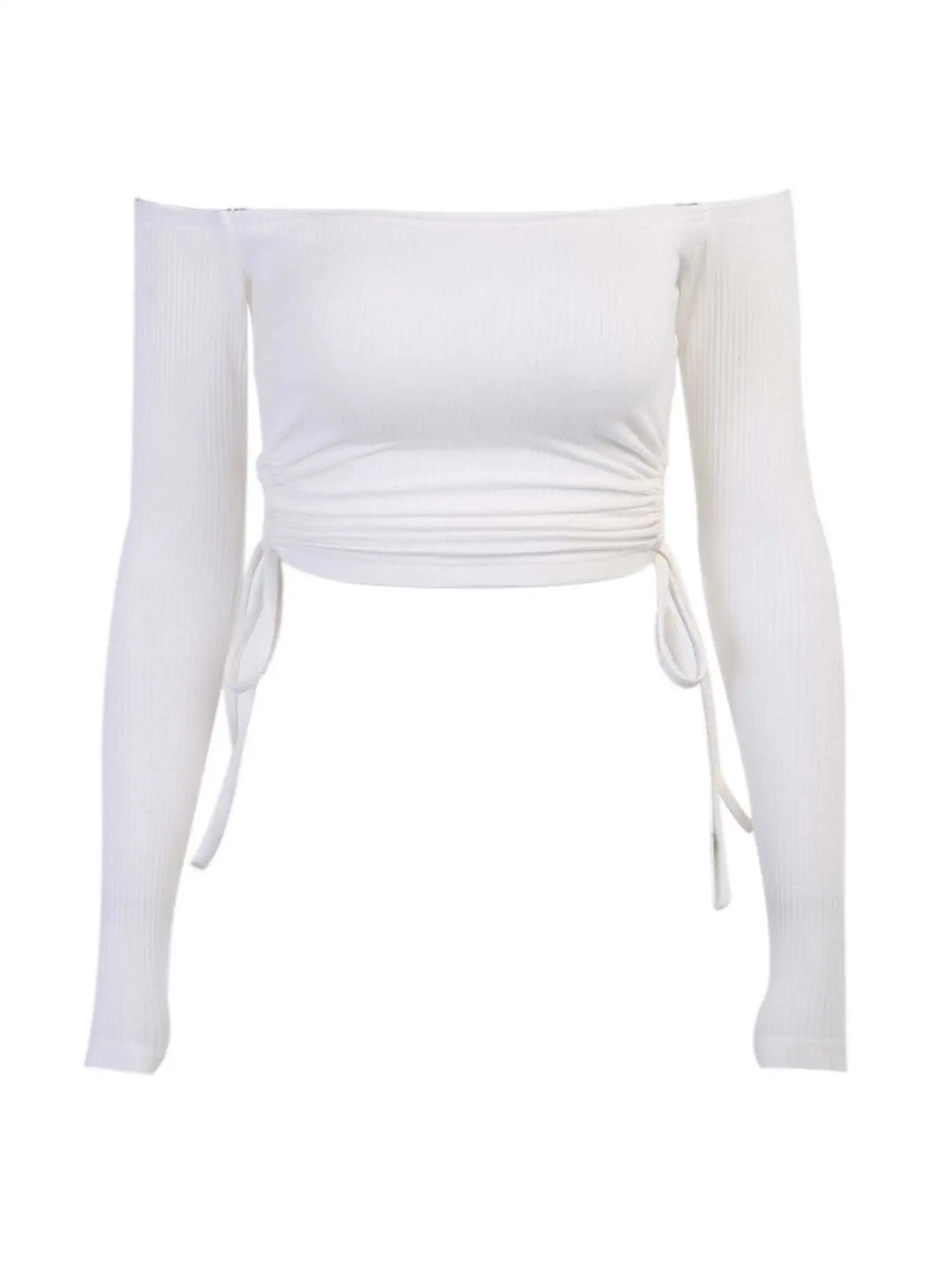 

2020 Fashion Trend Women's Off-Shoulder Long Sleeve Crop Top Sexy Drawstring Lace Up Slim Fit Autumn New Solid Color T-shirt Tee