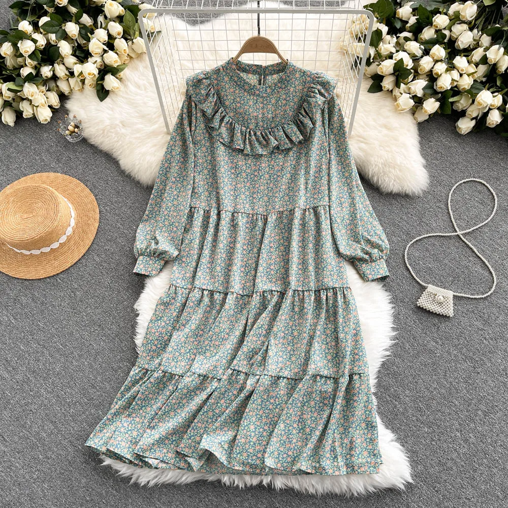 

Женское винтажное платье-миди с цветочным принтом, свободного покроя, с круглым вырезом и длинным рукавом-фонариком