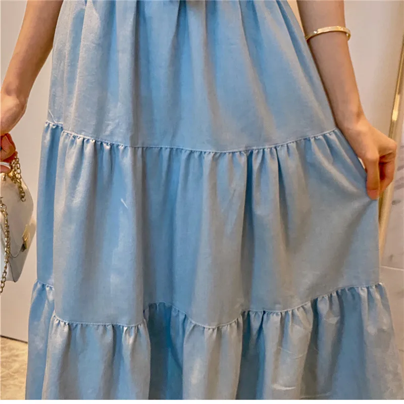 

Women Summer Blue Elastic Waist Denim Long Skirt Female Fashion Solid Color Plus Size Bust Skirts Ladies Casual Skirts ZM328