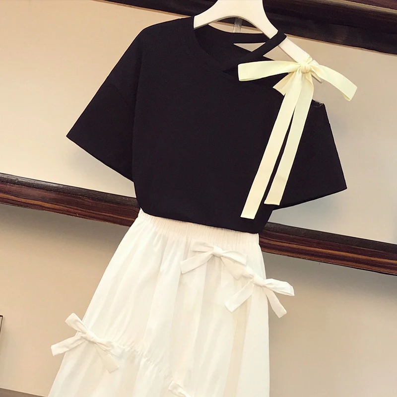 

Summer 2021 New Bigger Sizes Sister Sweet Dew Shoulder Leisure Suit Women Outfit Ribbon Sweatshirt Top Pleated Skirt Set