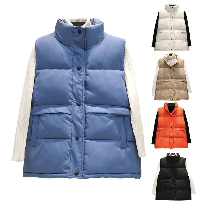 

Women Winter Warm Sleeveless Puffer Jacket Stand Collar Button Down Bubble Vest Coat Solid Color Quilted Loose Waistcoat