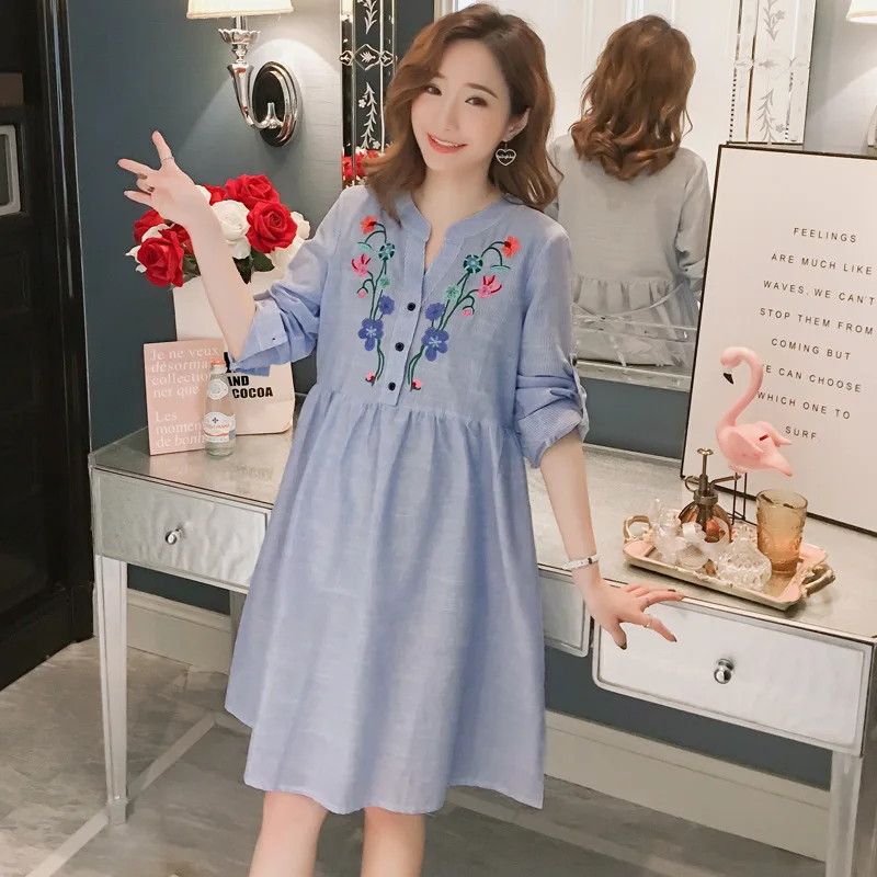 Платья для беременных с вышивкой Одежда Повседневное платье длинными рукавами