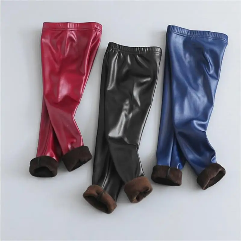 Faux PU Leather Autumn Winter Kids Pants for Girls Thick Warm  Leggings Children's Boys Trousers Clothing