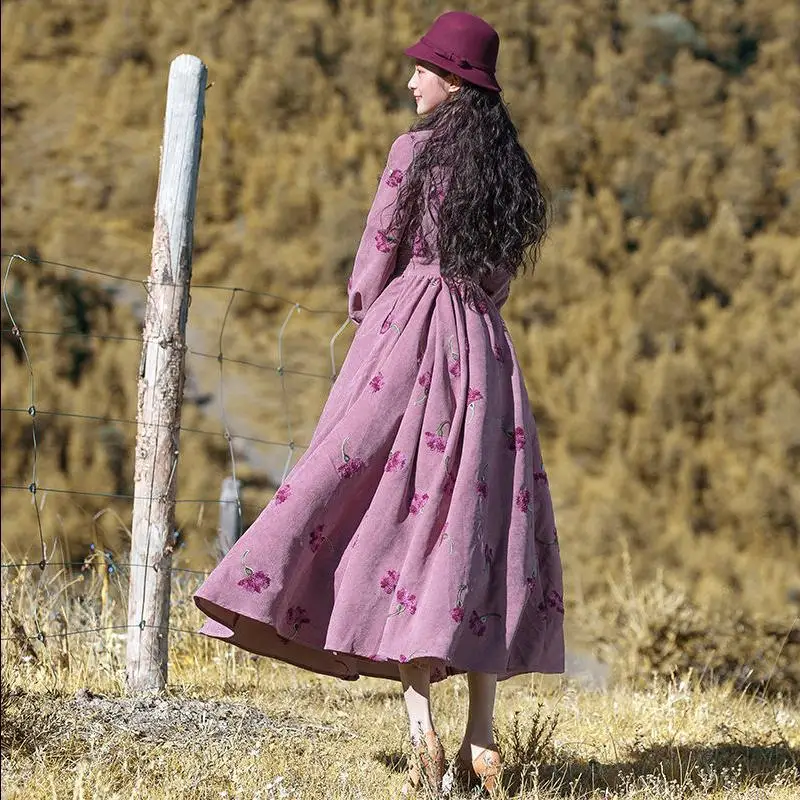 Женское платье вельветовое в стиле ретро с вышивкой и оборками 2019|Женские платья|
