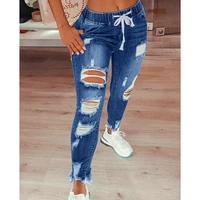 woman jeans summer thin cargo pants women ripped jeans ladies lace up jeans slim fit cut holes ladies denim trousers high street