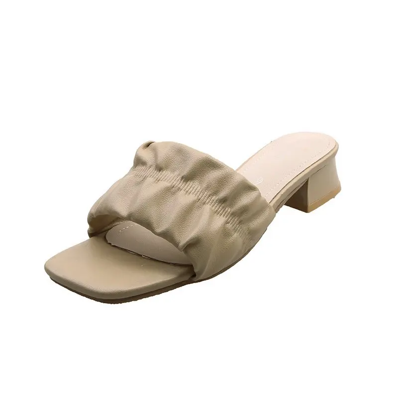 

Female Shoes Low Square Toe Med Ladies' Slippers Luxury Slides 2021 Designer Summer Block Fashion Rome Basic Pleated Rubber Fabr