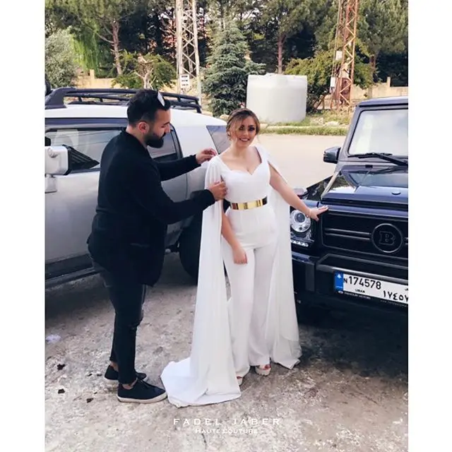 Женский белый комбинезон вечерние платья 2019 с накидкой и золотым поясом Длинные