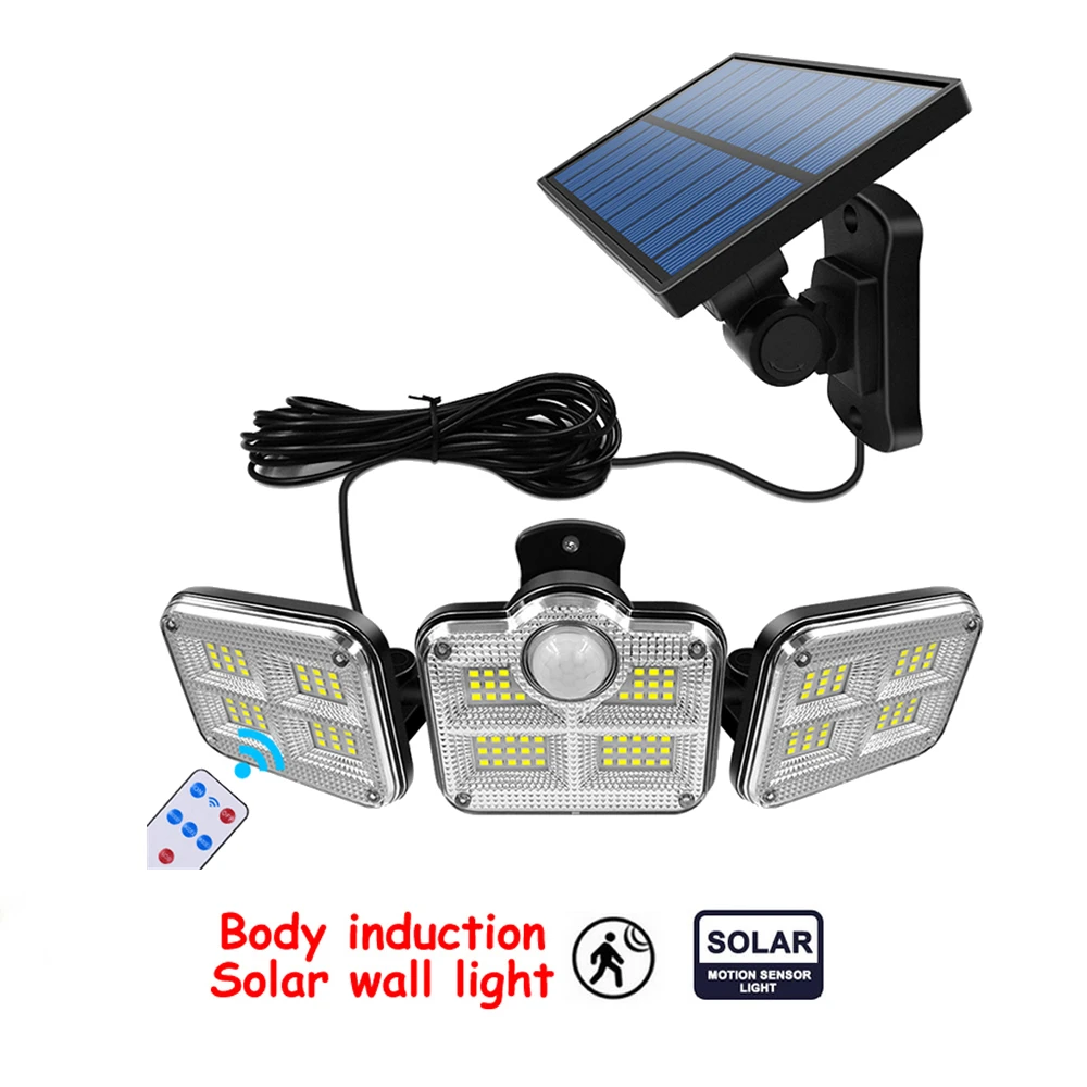 

138 led remote seperable Solar Light Outdoor 3 Head Motion Sensor 270 Wide Angle Illumination Wall Lamp Garden Garage 5M cable