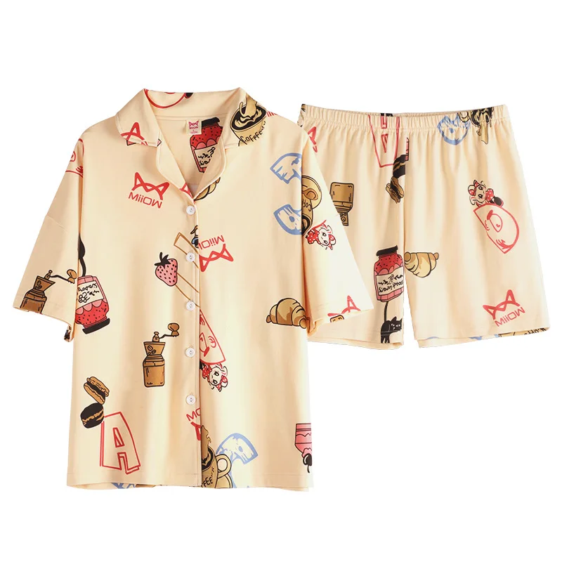 

Summer Korean 100%Cotton Pajamas Women Cute Cardigan Pyjamas Short Sleeve Shorts Suit Sleepwear Homewear Beautiful Girl