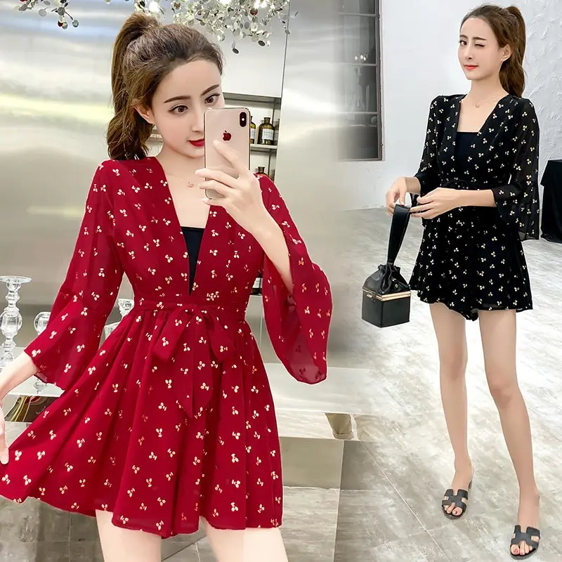 

Summer Women Playsuit Vintage Print Jumpsuit High Waist Bodysuit Cherry Overalls Shorts Red Beach Romper awe-inspiring Retro 612