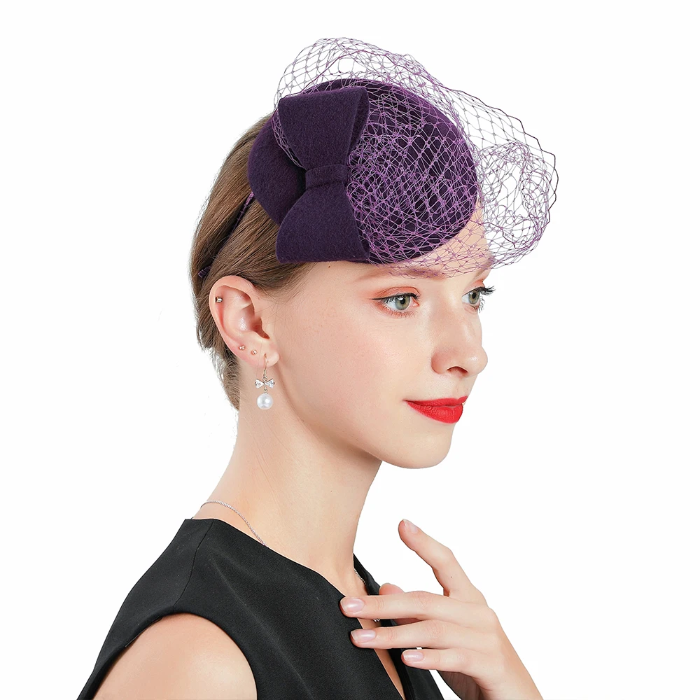Федора Хэтс пурпл фасцинатор для женщин элегантная церковная шерсть с вуалью и бантом головной убор подарки на день рождения свадебные модные пиллбокс-кепки.
