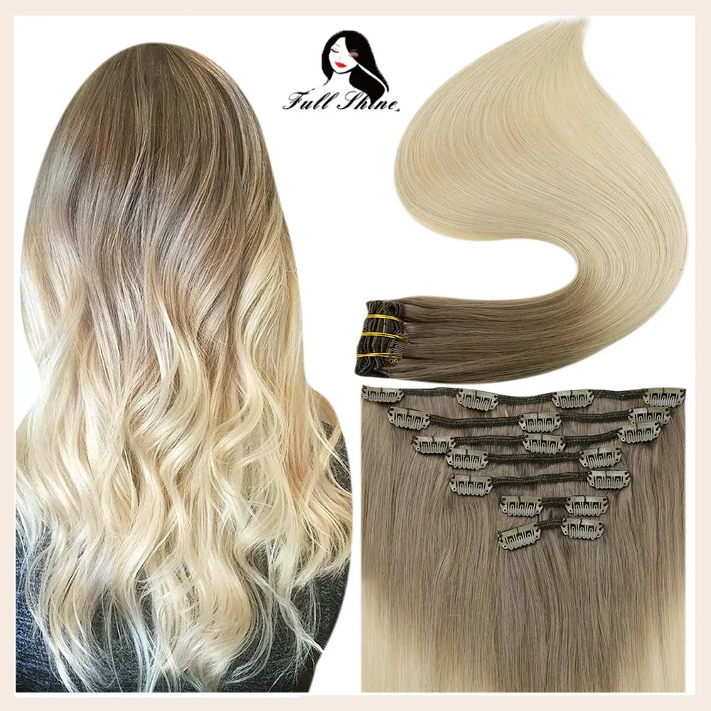 Полностью Сияющие человеческие волосы для наращивания на заколках Омбре 7 шт. 120 г