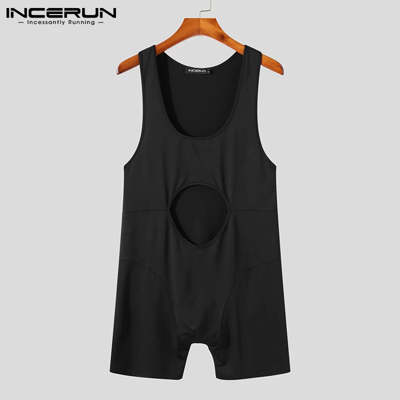 INCERUN Comfortable Homewear New Men's Bodysuit Solid All-match Simple Rompers Male Front Cutout Hot Sale Jumpsuits S-5XL 2022