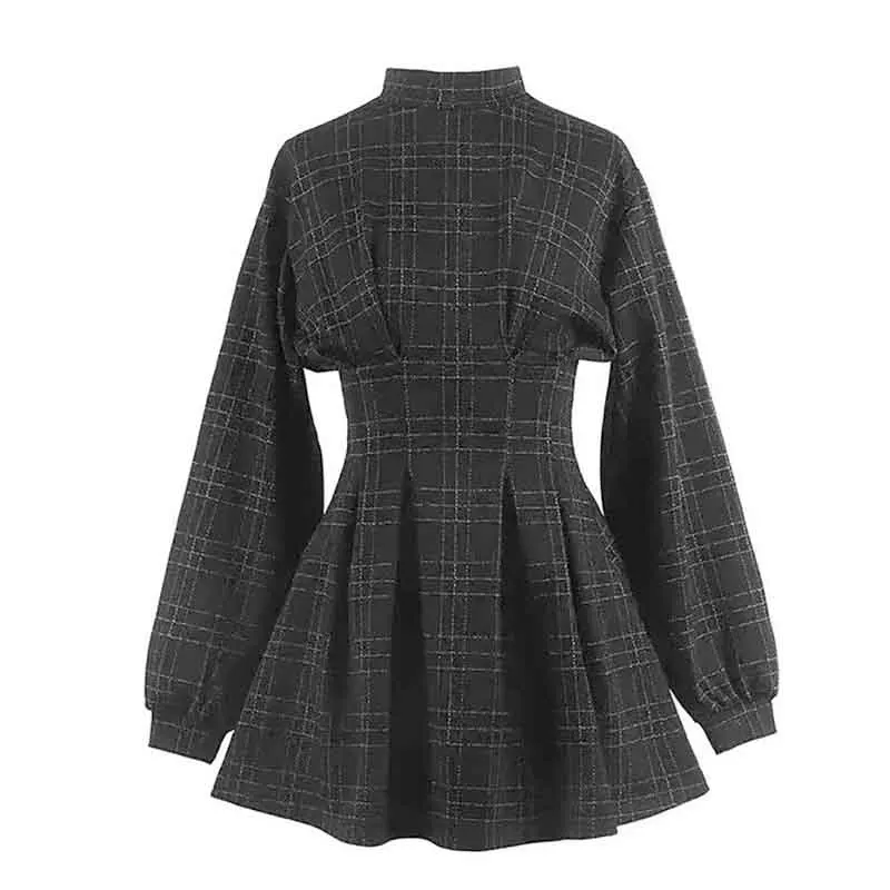 

One-Piece 2021 Autumn Winter Women Vintage Mini Dress Long Sleeve Plaid A-lined Gothic Dress for Goth Retro High Waist Dresses
