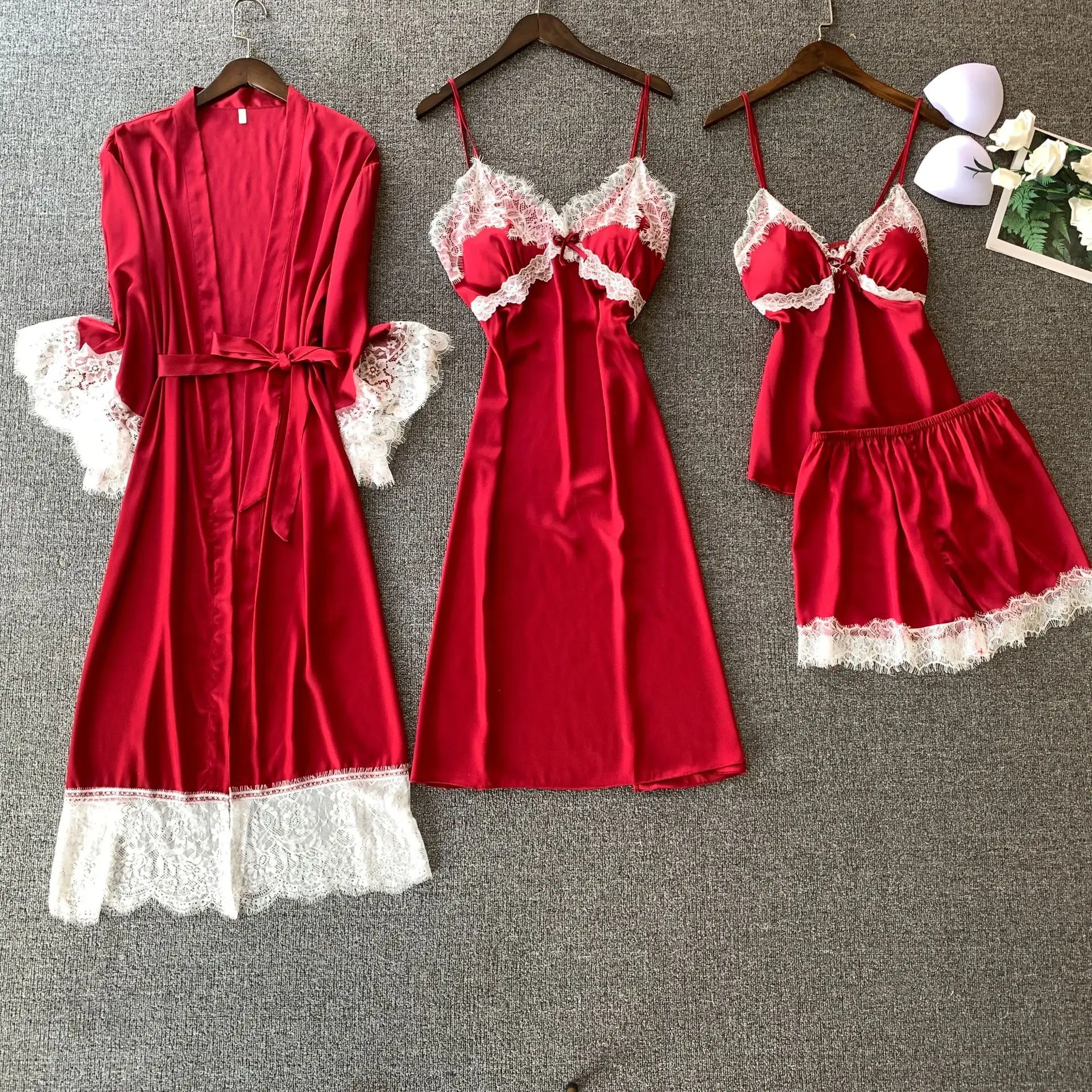 

4PCS Women Lace Rayon Robe Gown Pajamas Sets Sexy Bride Dressing Nightdress Nightgown Bathrobe Gown Lingerie Spring XL Sleepwear