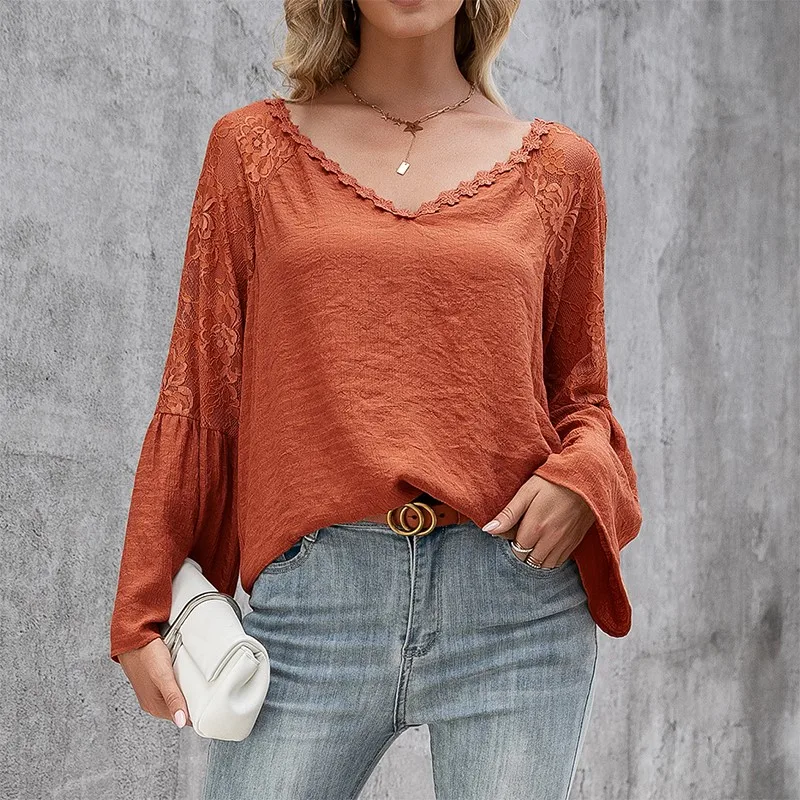 Summer Elegant Women's Blouse Lace Stitching V-neck Long-sleeved Casual Loose Shirt Blouse Lace Hollow Long-sleeved Blouse green lace pockets design v neck long sleeves blouse