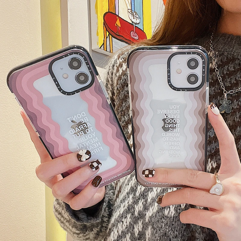

Korea Art Retro Wavy Mirror Transparent Phone Case For iPhone 13 12 11 Pro Max X Xs Max Xr 7 8 Puls SE 2020 Cute Soft Cover
