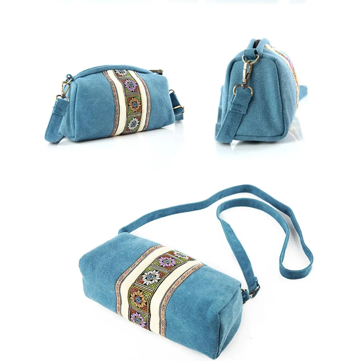New Women Canvas Messenger Bags National Retro Embroidered Canvas Blue Single Shoulder Bag Women Small Travel Beach Bag
