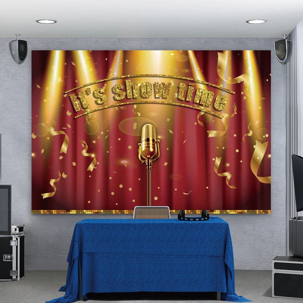 Виниловый фон для фотографий It's Show Time с микрофоном красным занавесом и