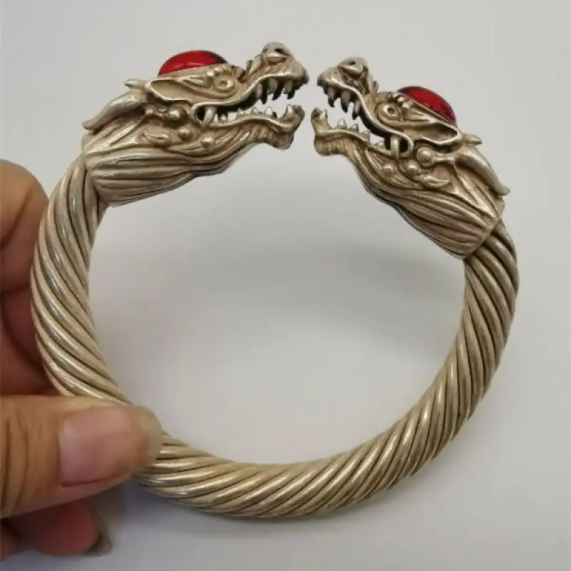 

China Old Tibet Silver Carved Dragon Bracelet Inlaid with Red Jade Beryl Bracelets Wristband Mascot Gift Tibetan Figurines