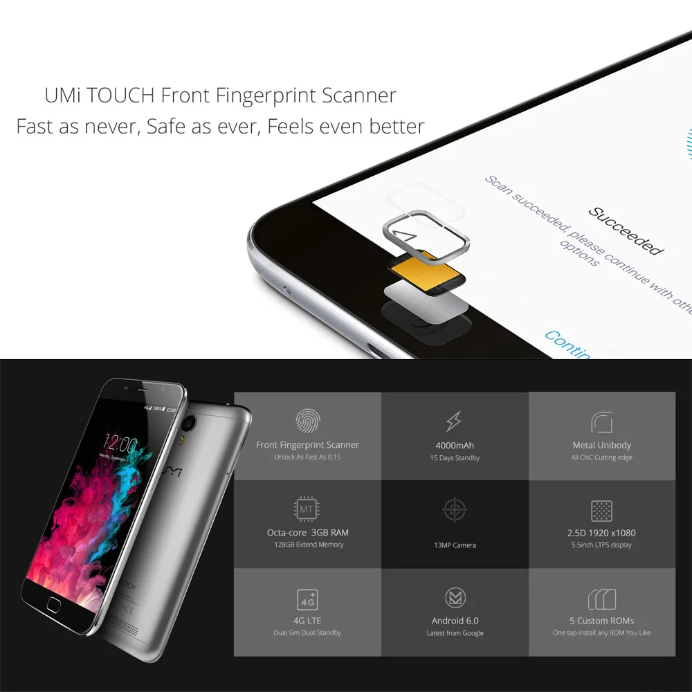 UMIDIGI сенсорный 4G смартфон 5," 2.5D 1920*1080 Android 6 3 Гб 16 Гб 5 Мп+ 13 МП Две камеры отпечатков пальцев OTG двухчастотный WiFi
