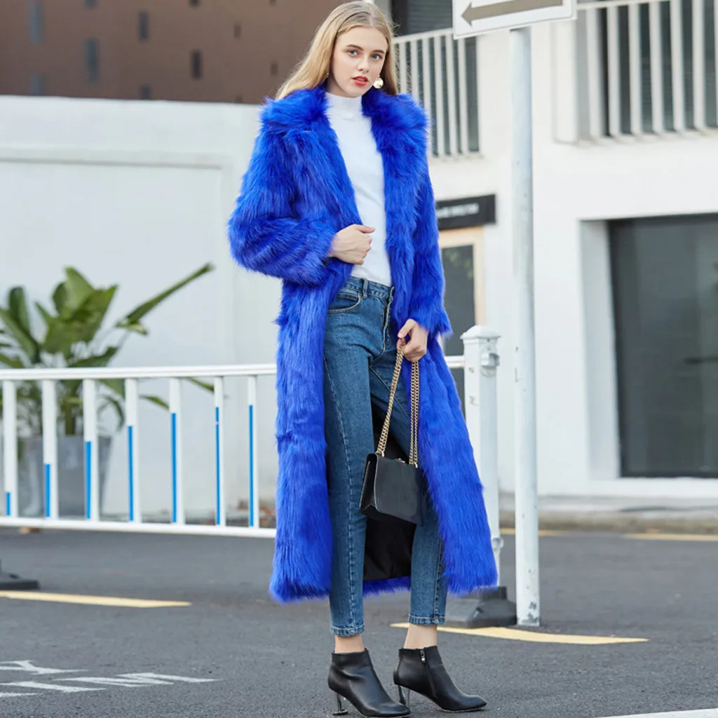 Ladies Faux Fur Wool Lamb Long Coat Fashion Women Outwear Long Sleeves Warm Coat Plush Jacket Long Overcoat Solid Plus Size