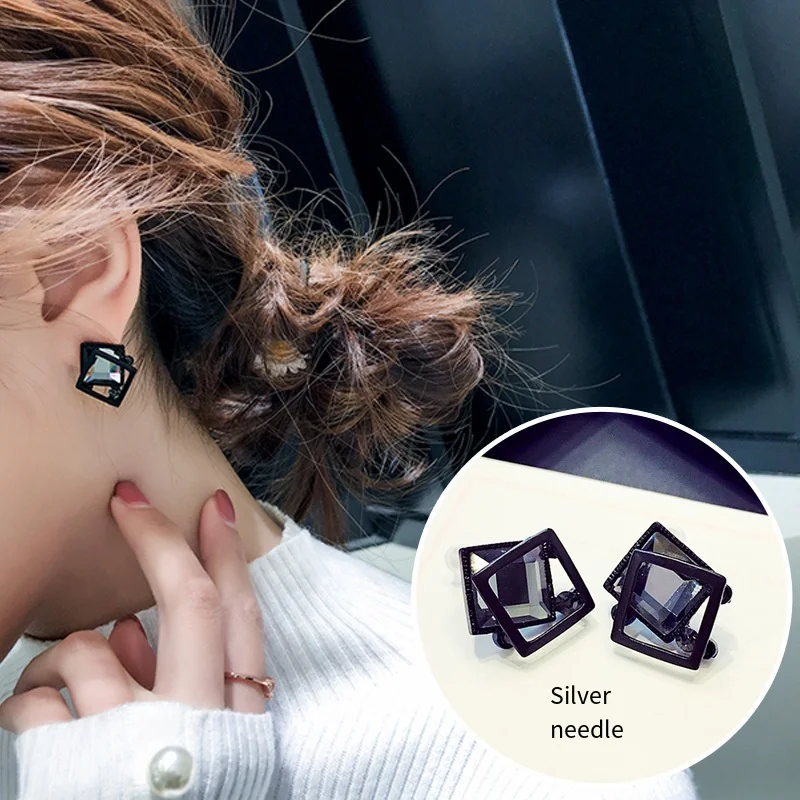 

S925 Silver Needle New Earrings Matte Black Square Ear Studs Female Temperament Simple Earrings Jewelry Wholesale