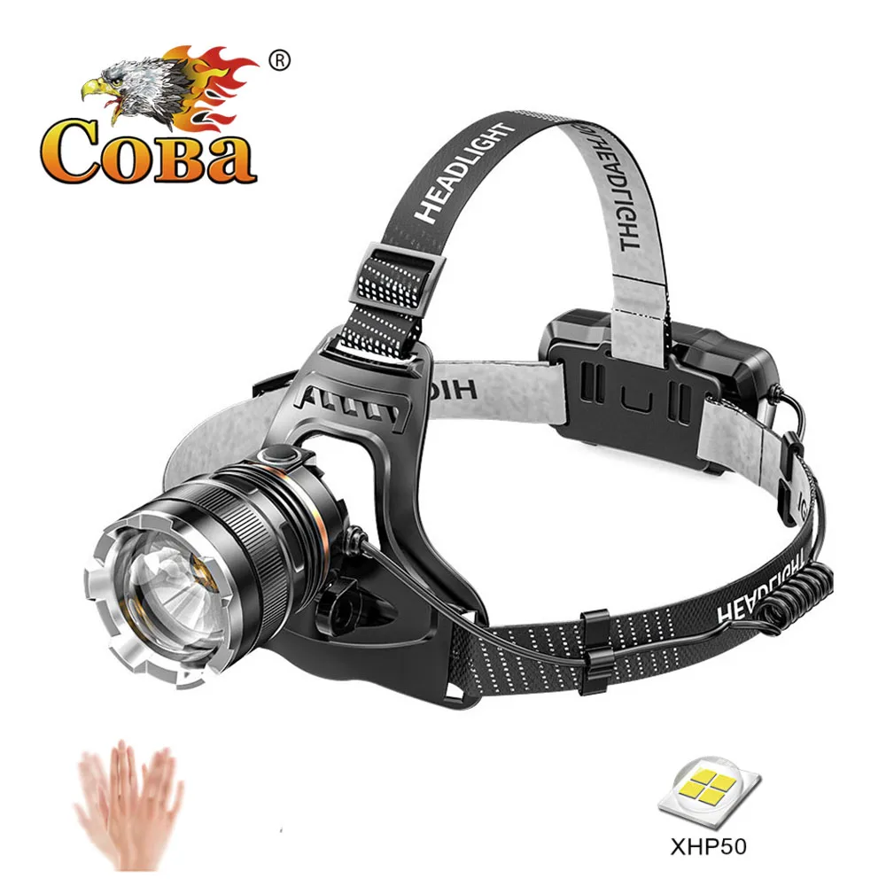 

Coba Powerful LED Headlamp ZOOM Sensor Light XHP50 Super Bright Outdoor Headlight Torch Flashlight USB Rechargeable For Fishing